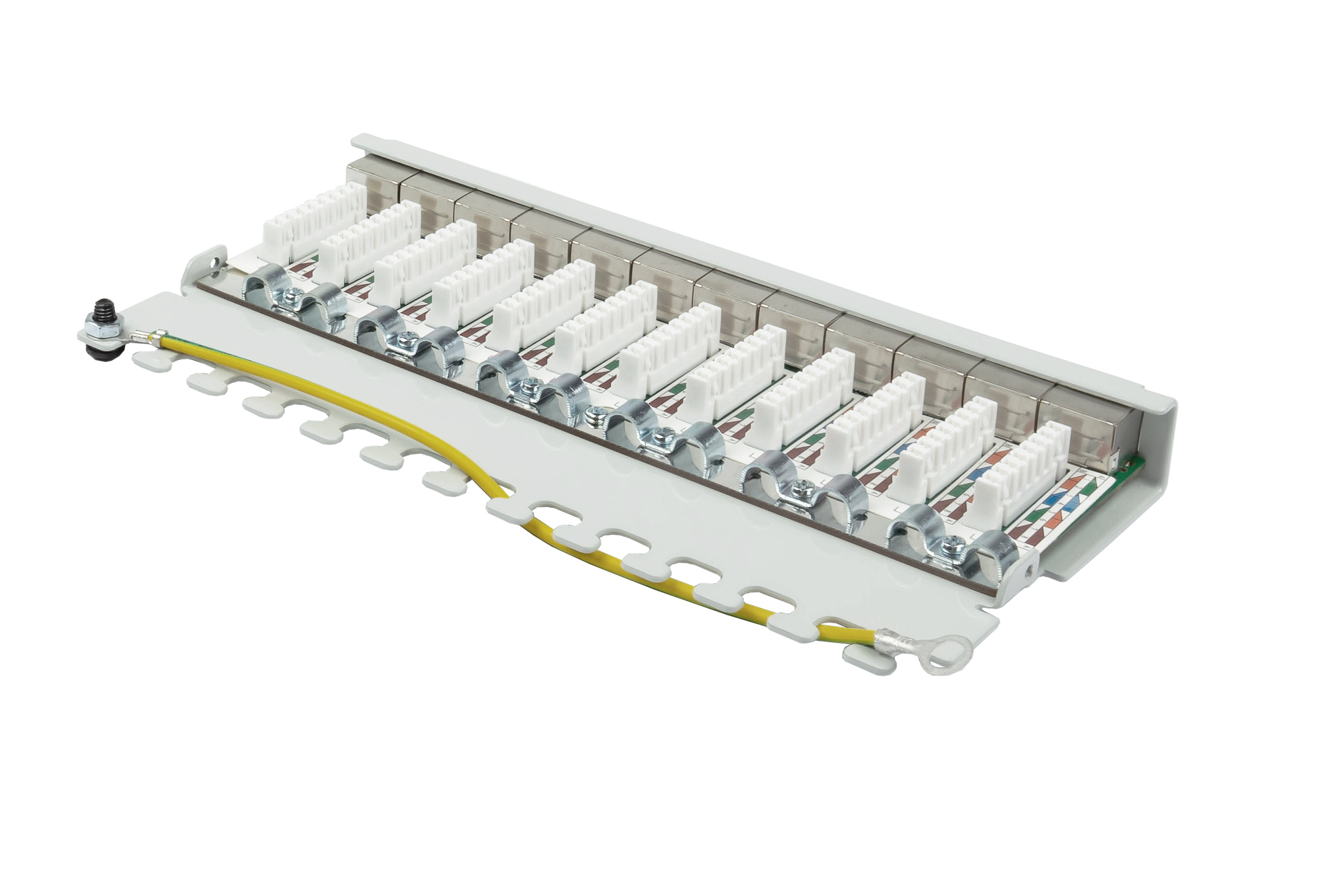Patch Panel Desktop Cat. 6A, 12-port, 0,5 U, STP shielded, toolless opening, light grey (RAL7035), Good Connections®