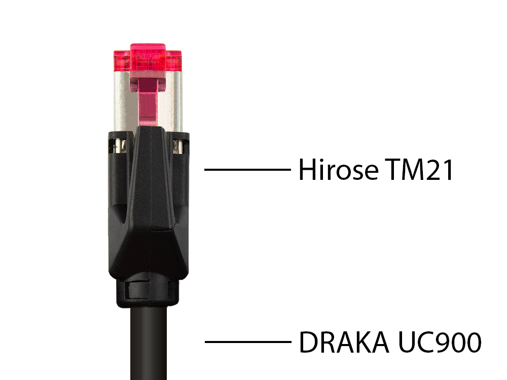 Patchkabel mit Cat. 7 Draka UC900 Rohkabel (900MHz) und Hirose TM21 Stecker (250MHz) beidseitig, S/FTP, PiMF, halogenfrei (LSZH), KUPFER, schwarz, 2m