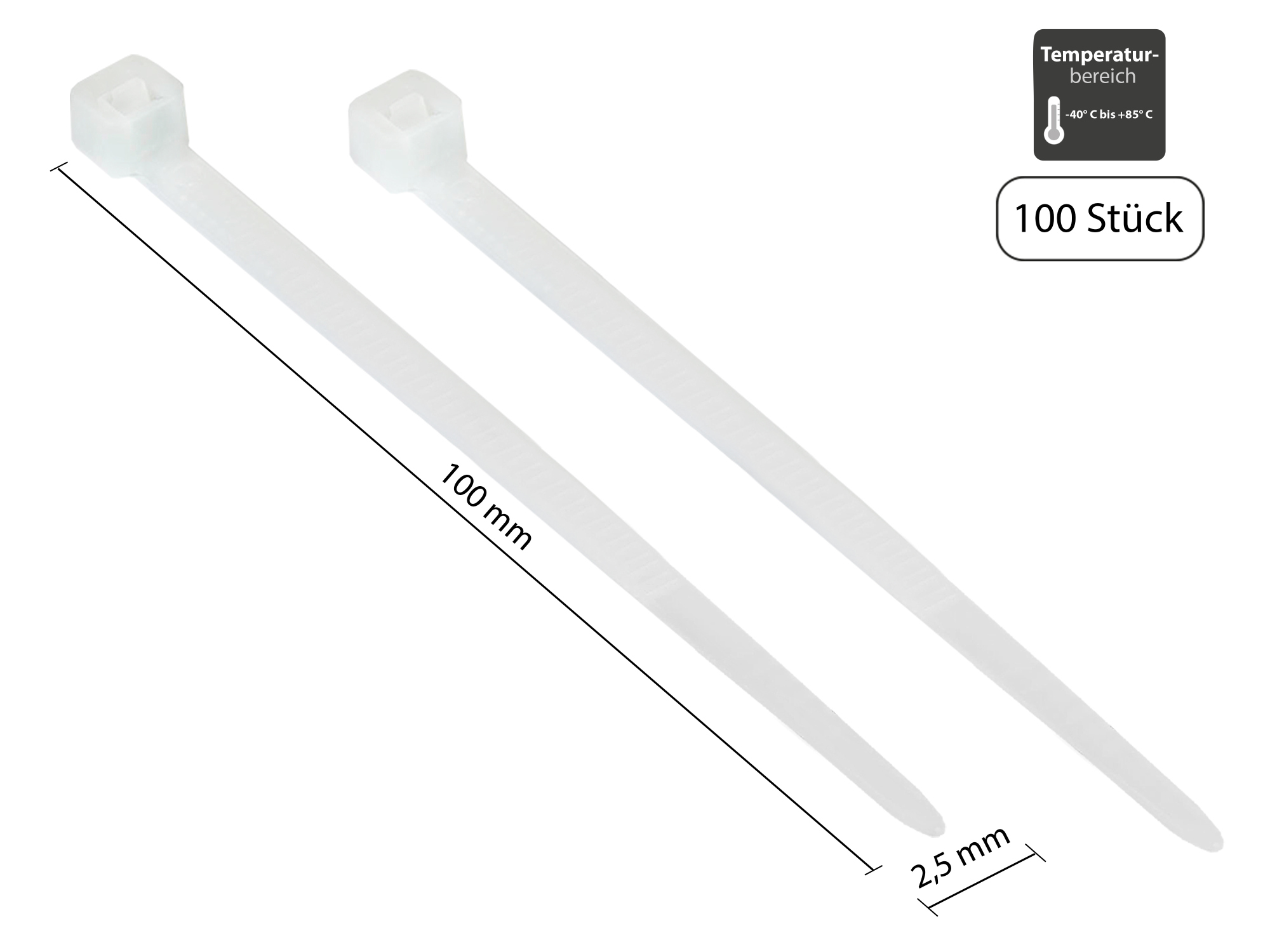 Cable ties 100 mm x 2,5 mm, transparent, UL, -40 °C to +85 °C, 100 pieces, Good Connections®
