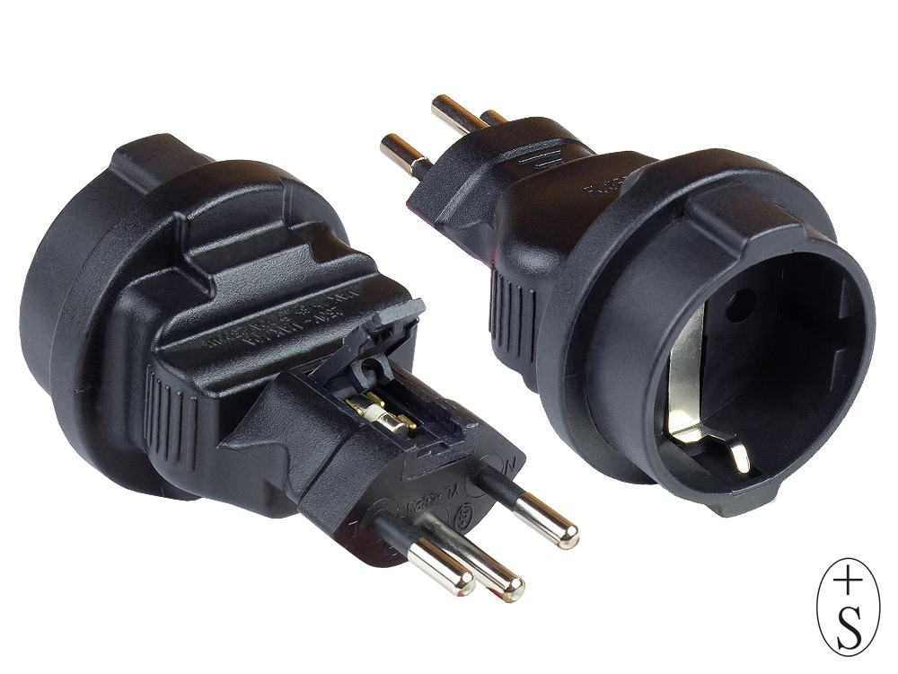 Power adapter switzerland power plug (SEV1011, straight) to earth contact socket type F, SEV, black, Good Connections®
