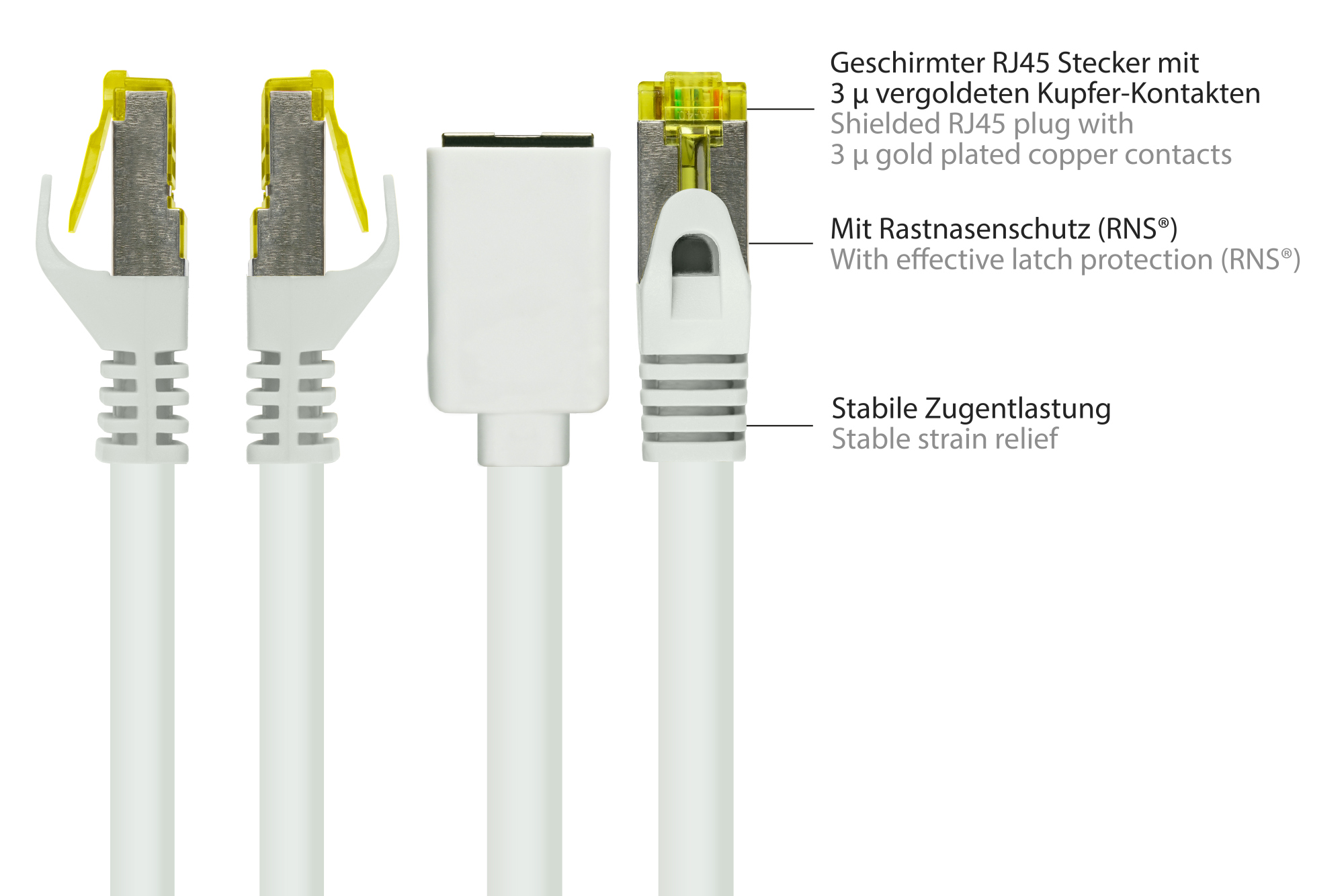 RJ45 Patchkabelverlängerung mit Cat. 7 Rohkabel und Rastnasenschutz (RNS®), S/FTP, PiMF, halogenfrei, 500MHz, OFC, weiß, 5m, Good Connections®