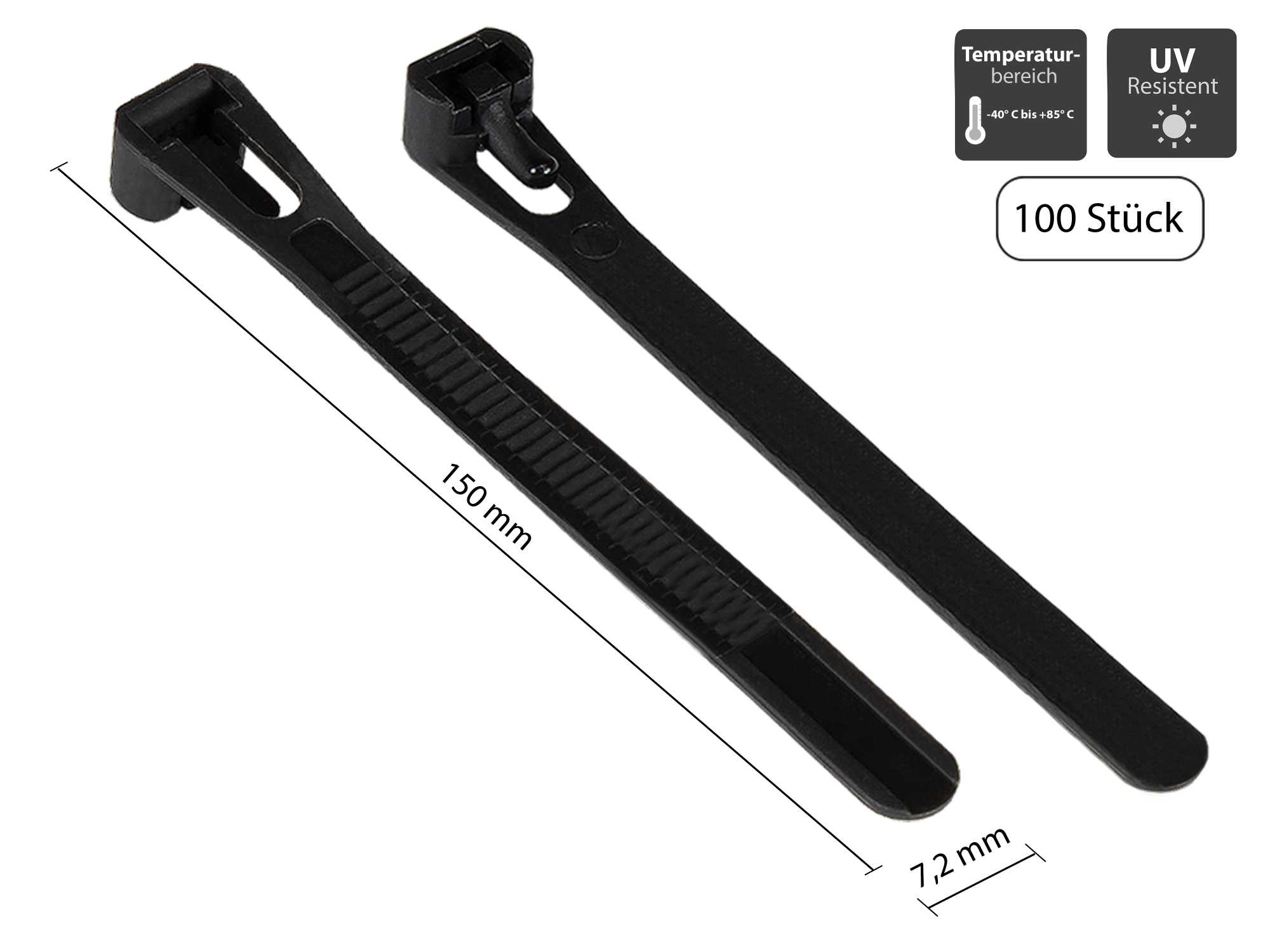 Reusable cable tie 150 mm x 7,2 mm, black, UV-resistant, -40 °C to +85 °C, 100 pieces, Good Connections®