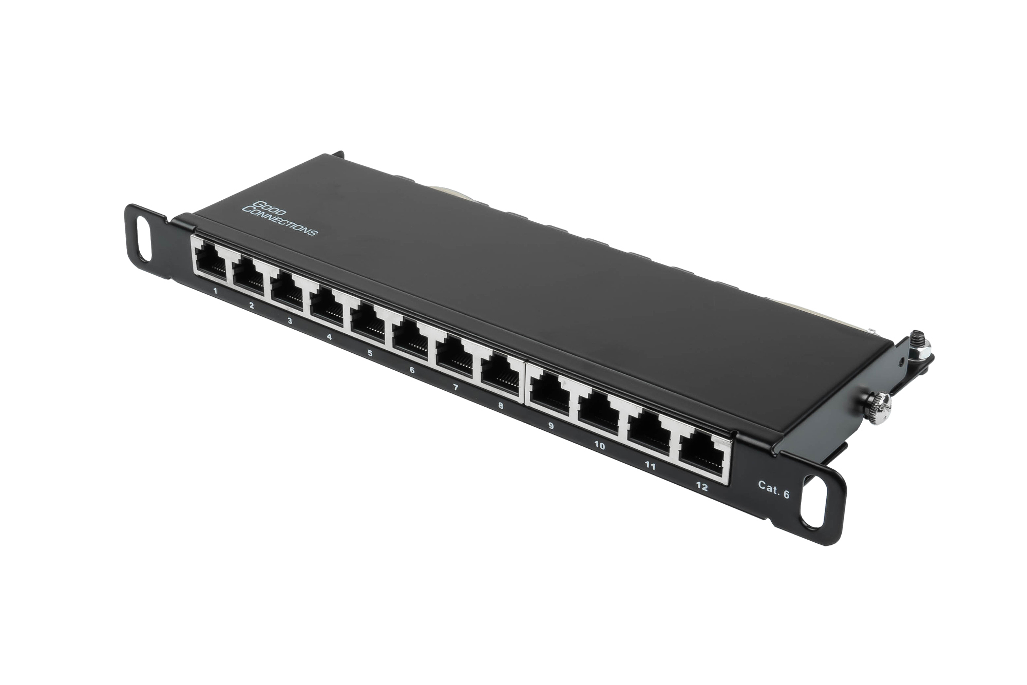 Patch Panel 10" Cat. 6, 12-port, 0,5 U, STP shielded, toolless opening, deep black (RAL9005), Good Connections®