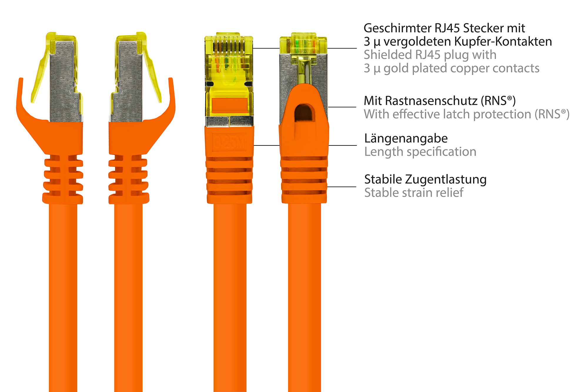 RJ45 Patchkabel mit Cat. 7 Rohkabel und Rastnasenschutz (RNS®), S/FTP, PiMF, halogenfrei, 500MHz, OFC, orange, 10m, Good Connections®