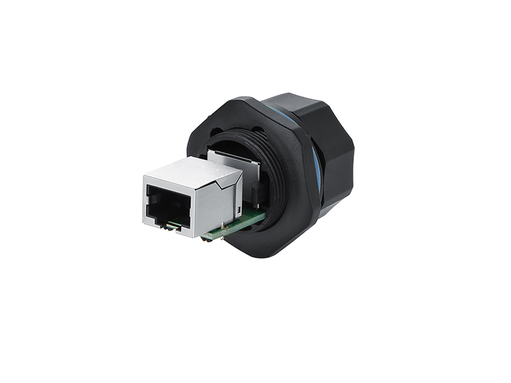 Industrial connector S6 - RJ45 feed-through coupling with PCB board / printed circuit board, RJ45 socket on both sides, bayonet, Good Connections®