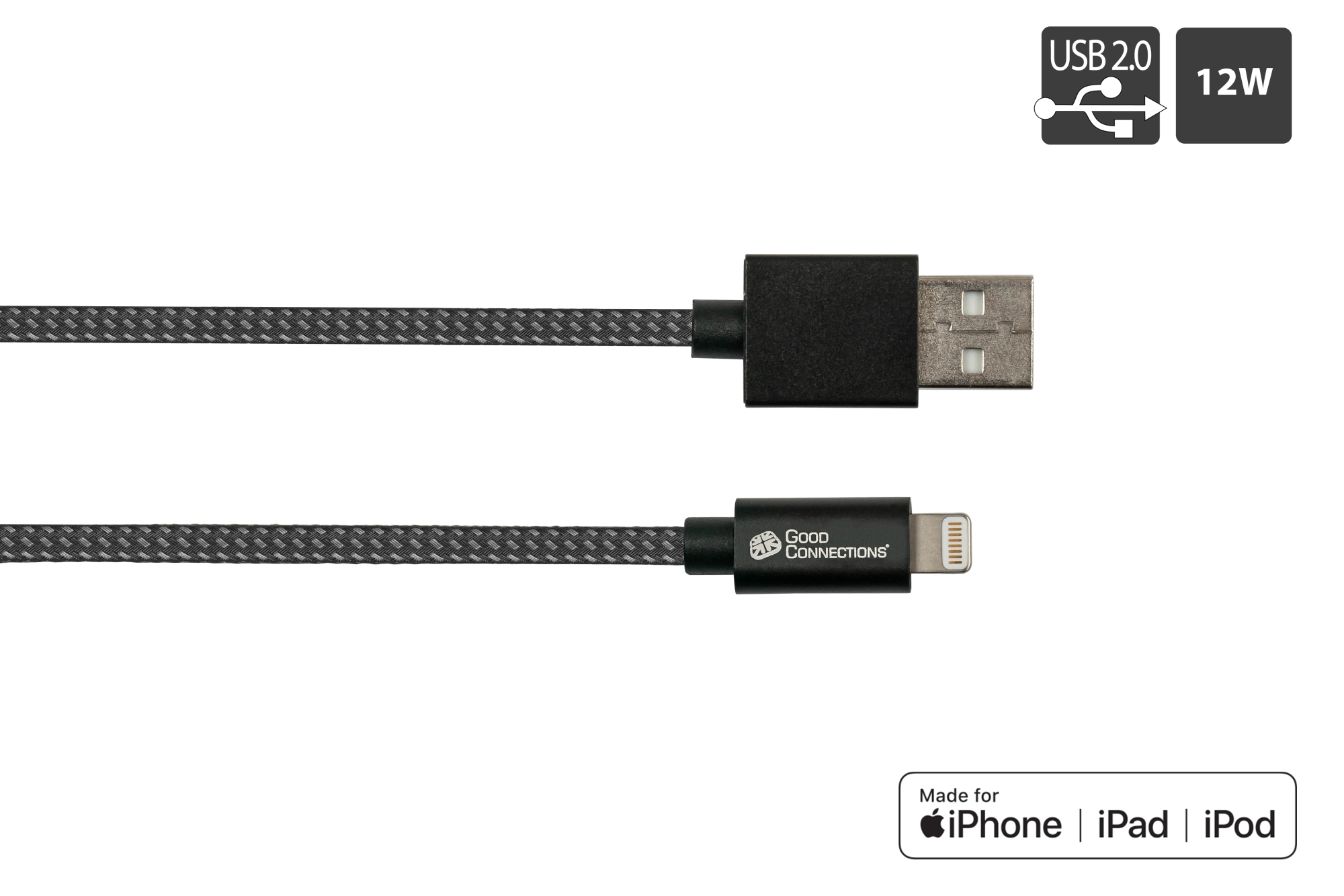 USB 2.0 Charging and data cable for iPhone/iPad/iPod, USB-A plug to Lightning™ plug, MFI certified, 12W, black, 0,5m, Good Connections®