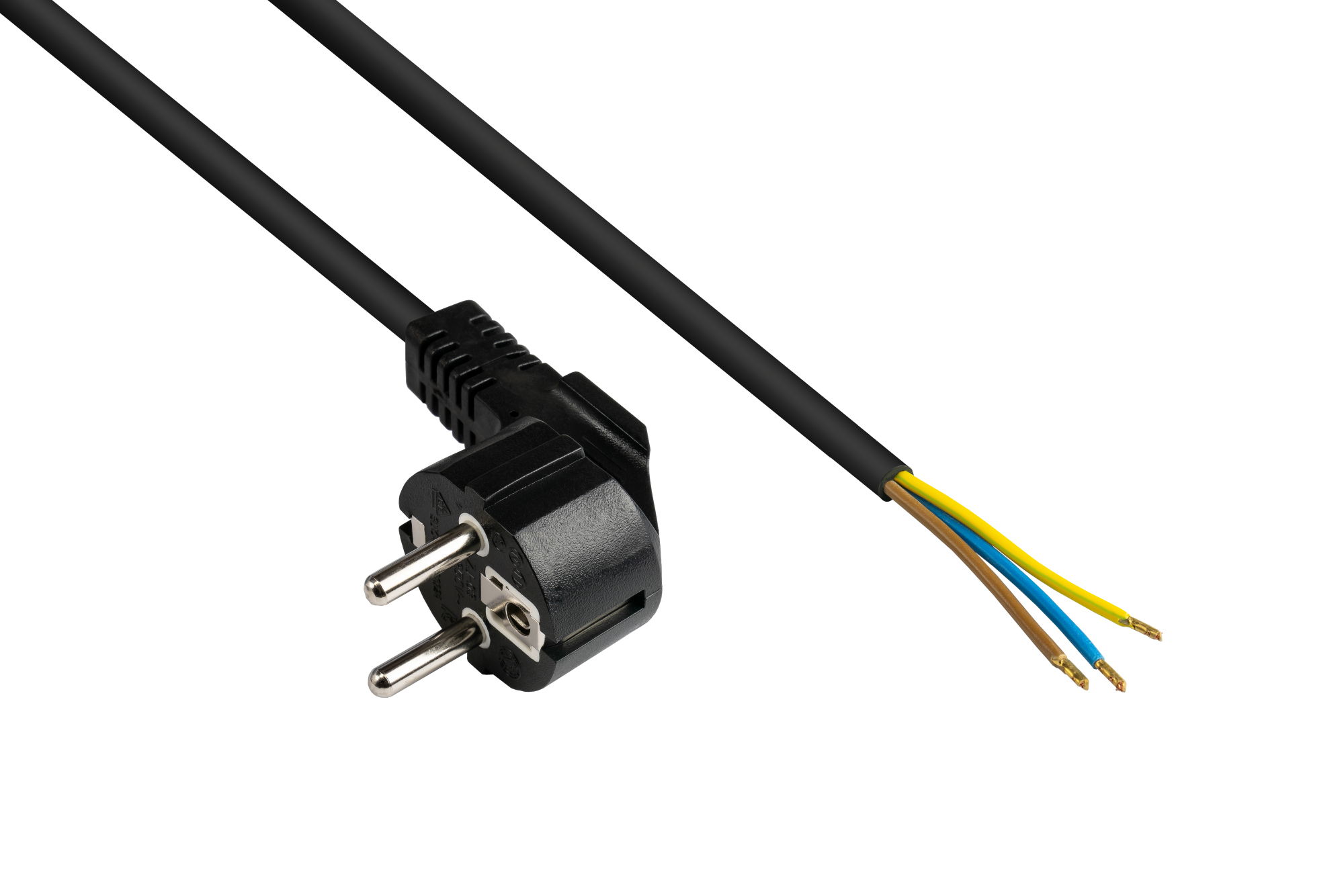 Netzkabel Schutzkontakt-Stecker Typ E+F (CEE 7/7, gewinkelt) an abisolierte Enden, schwarz, 0,75 mm², 1,5 m, Good Connections®