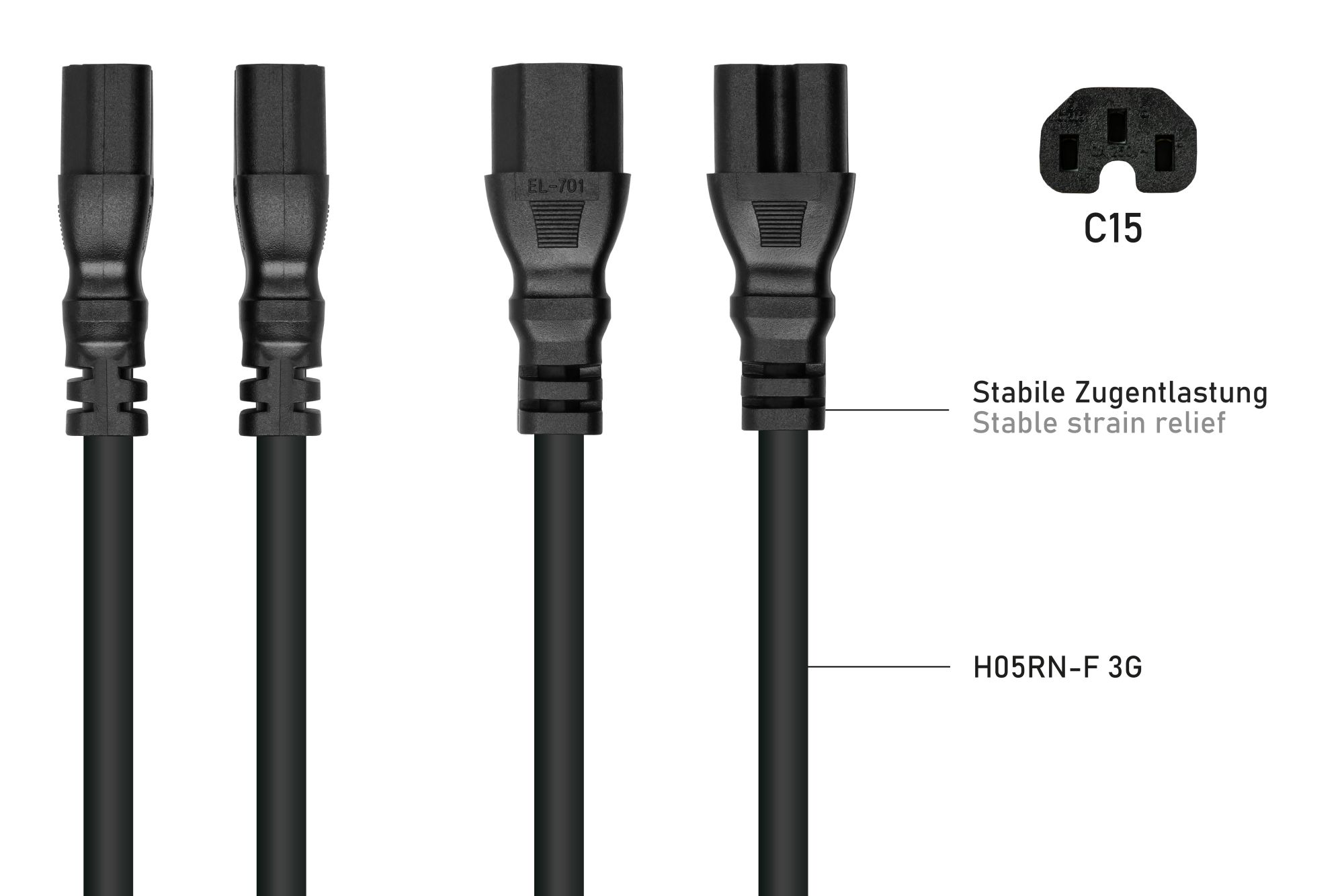 kabelmeister® Kaltgeräte-Warmgeräte-Verbindungskabel C14 (gerade) an C15 (gerade), schwarz, 1,00mm², 0,5m