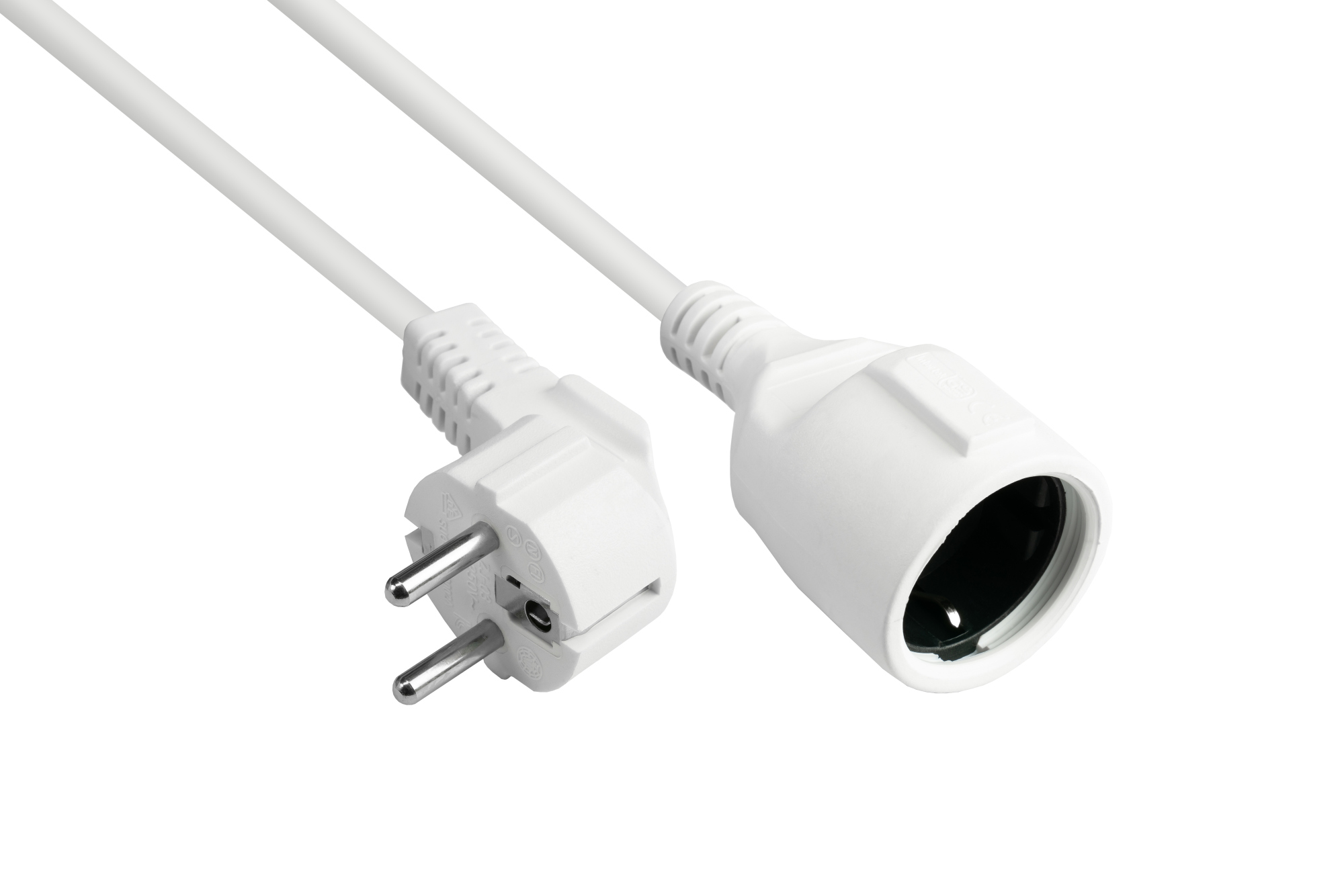 Power cord extension Safety-plug Typ E+F (CEE 7/7, angled) to Safety-socket Typ F (CEE 7/3, straight), white, 1,50 mm², 3 m, Good Connections®