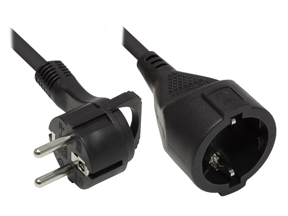 Verlängerung Schutzkontakt-Flachstecker Typ E+F (CEE 7/7, gewinkelt) an Buchse Typ F (CEE 7/3, gerade), schwarz, 1,50 mm², 3 m, Good Connections®