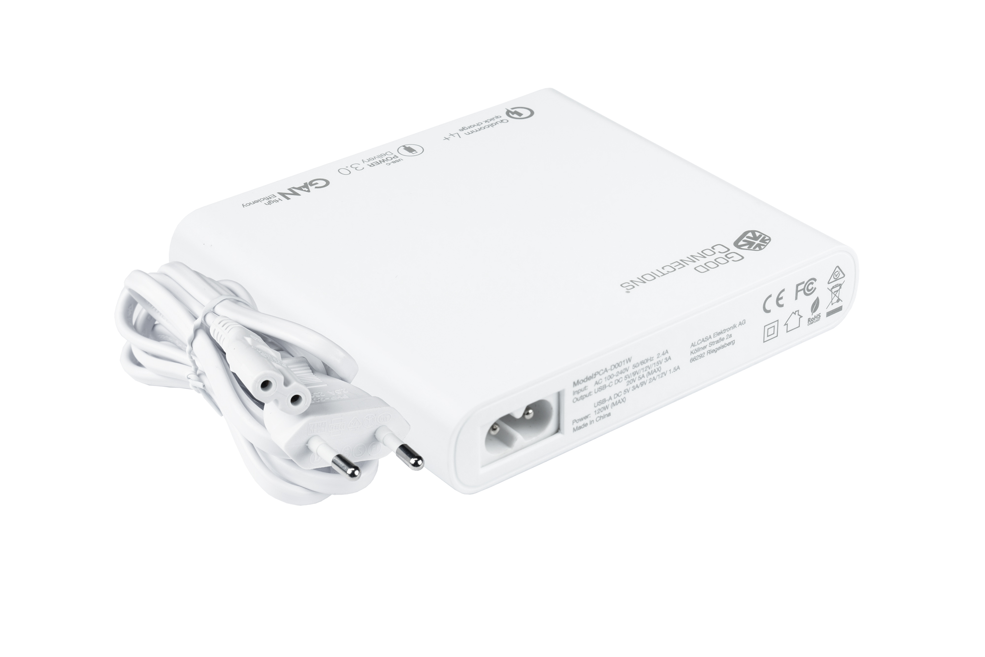 USB desktop fast charging station 120W with GaN technology, 4-port (2x USB-C™ and 2x USB-A), PD 3.0, QC 4+, white, Good Connections®