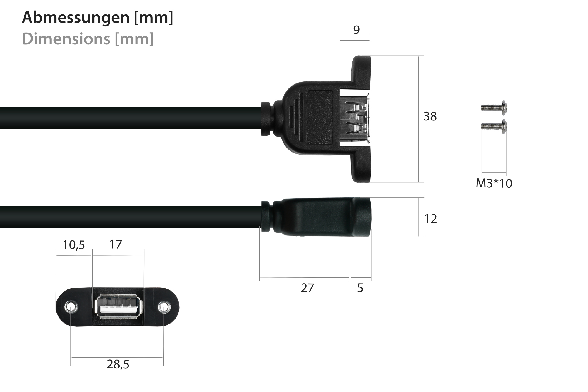 kabelmeister® Einbau-Verlängerungskabel USB 2.0 Stecker A an Einbaubuchse A, Premium, DATA AWG28 / Power AWG24, KUPFER, schwarz, 0,5m