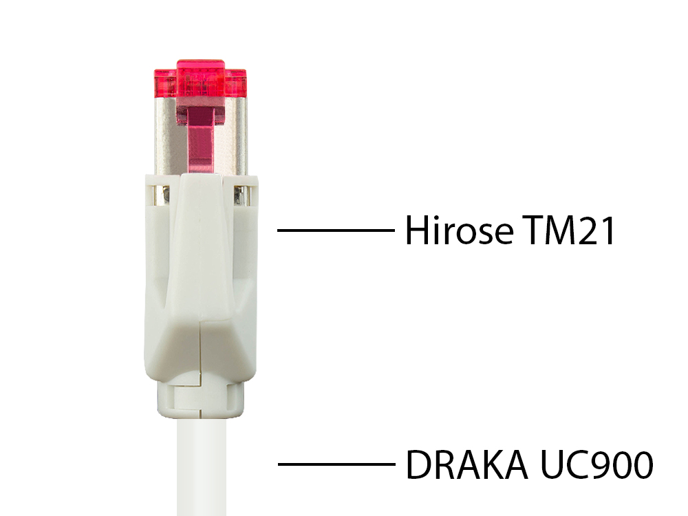 Patchkabel mit Cat. 7 Draka UC900 Rohkabel (900MHz) und Hirose TM21 Stecker (250MHz) beidseitig, S/FTP, PiMF, halogenfrei (LSZH), KUPFER, weiß, 12m