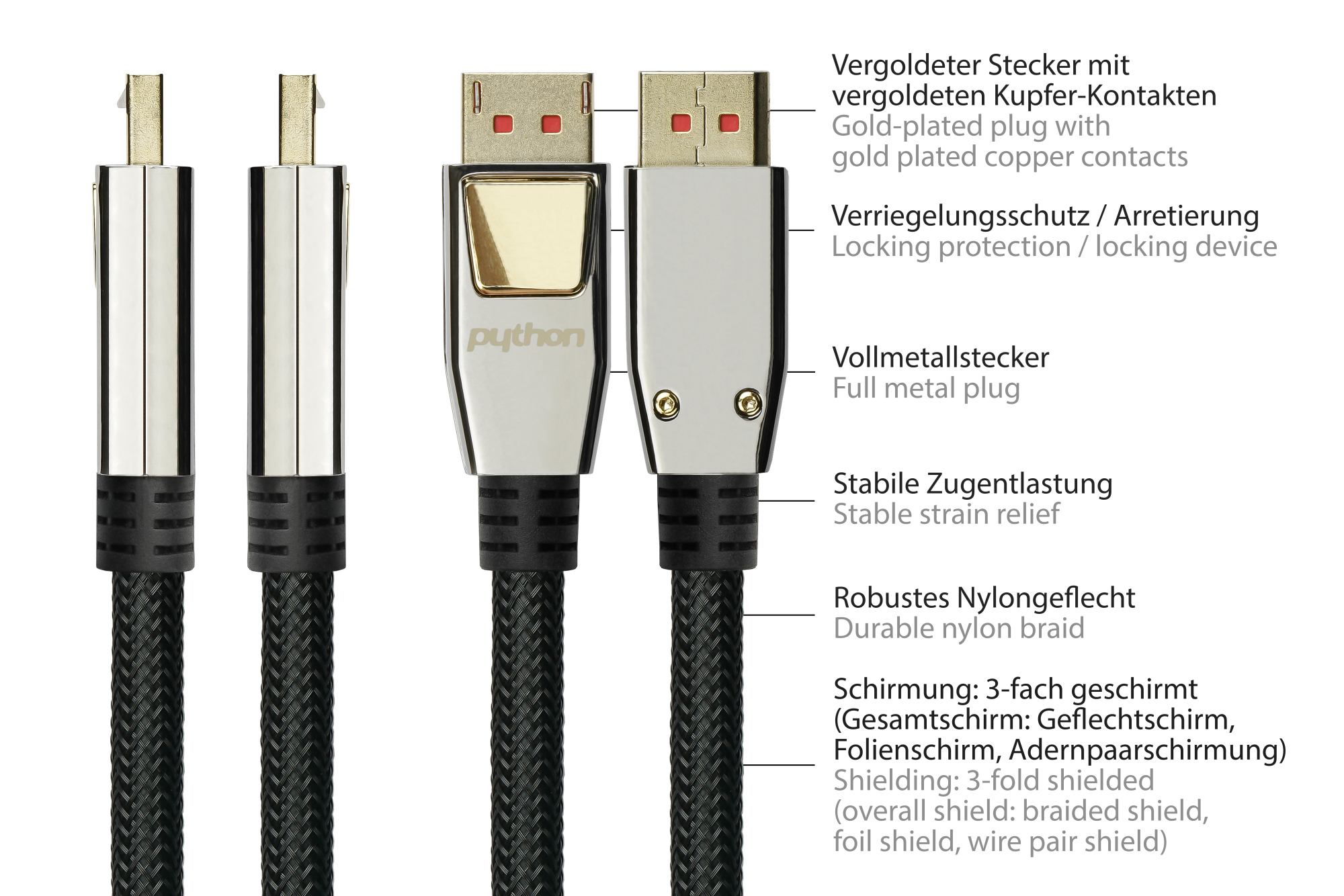 DisplayPort 1.4 to HDMI 2.0 cable, 4K / UHD @60Hz, full metal plugs, gold-plated contacts, OFC, nylon mesh, black, 2m, PYTHON® Series