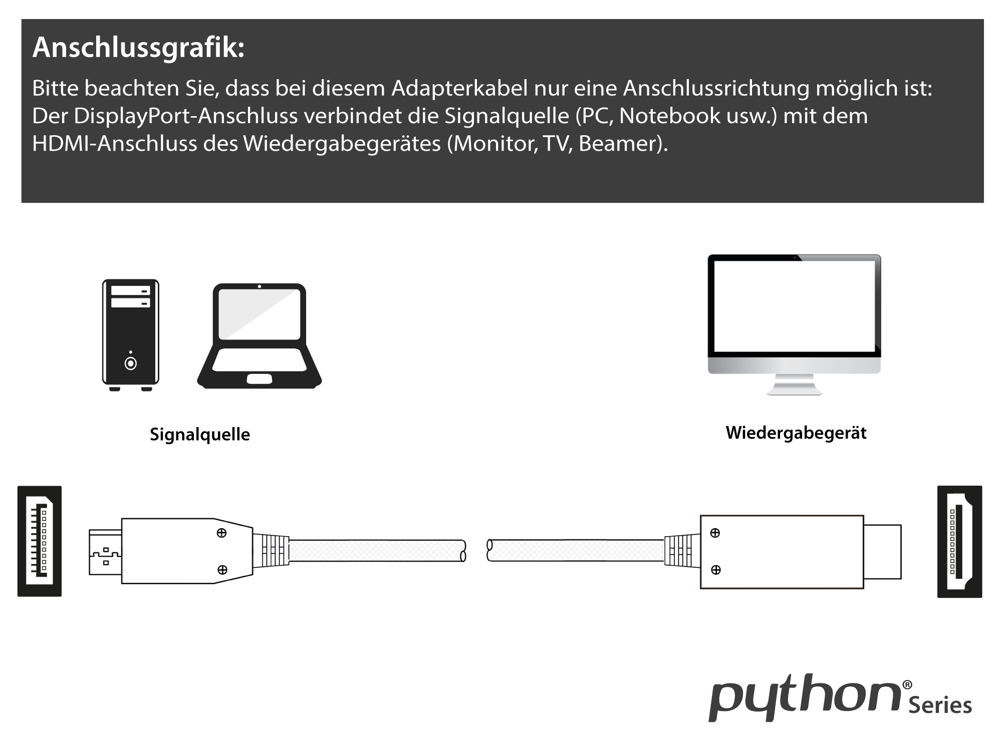Anschlusskabel DisplayPort 1.4 an HDMI 2.0, 4K / UHD @60Hz, Vollmetallstecker, vergoldete Kontakte, OFC, Nylongeflecht weiß, 5m, PYTHON® Series