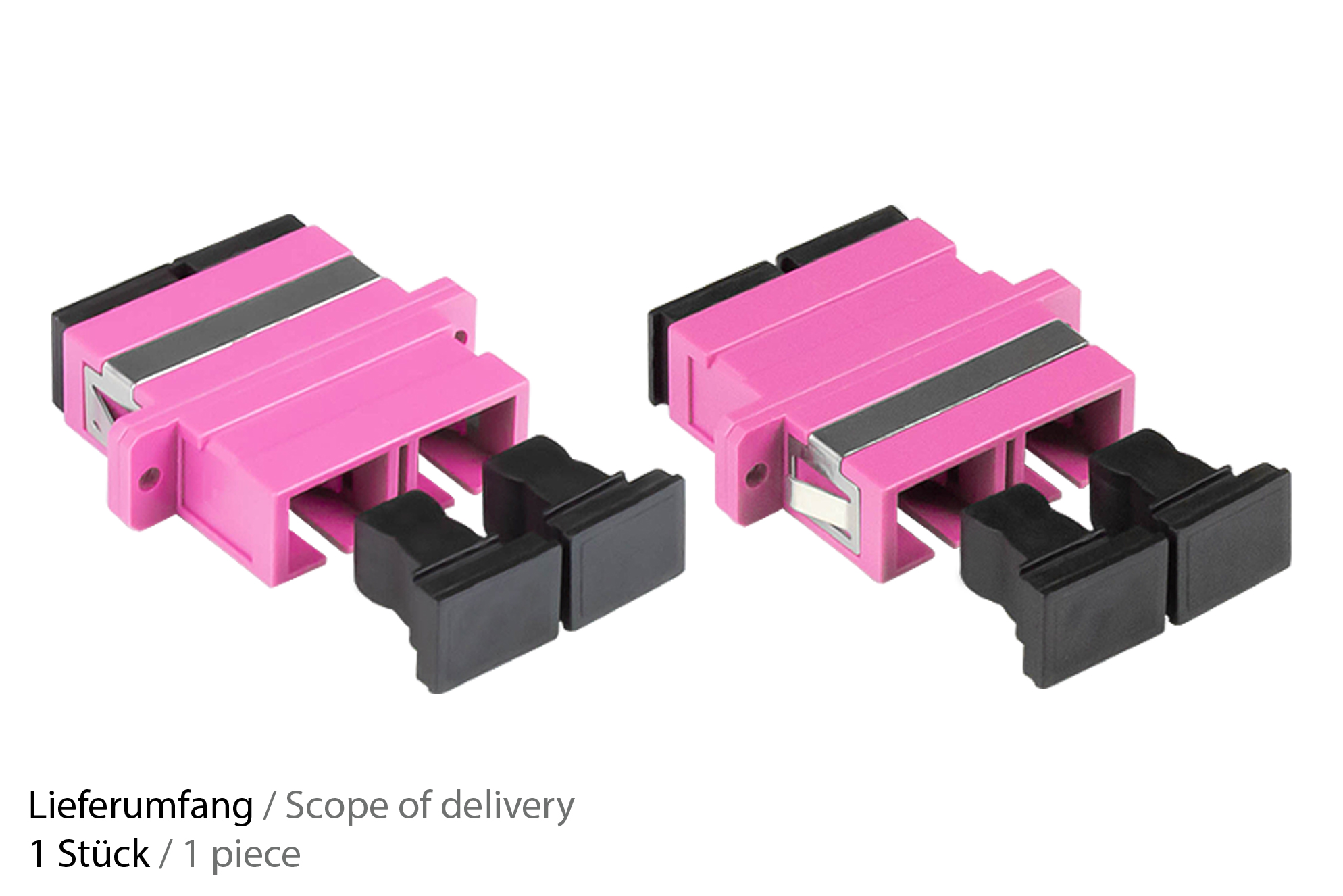 Fibre optic duplex coupling, SC (UPC) to SC (UPC), OM4, multimode, plastic housing with flange, ceramic sleeve, violet, Good Connections®