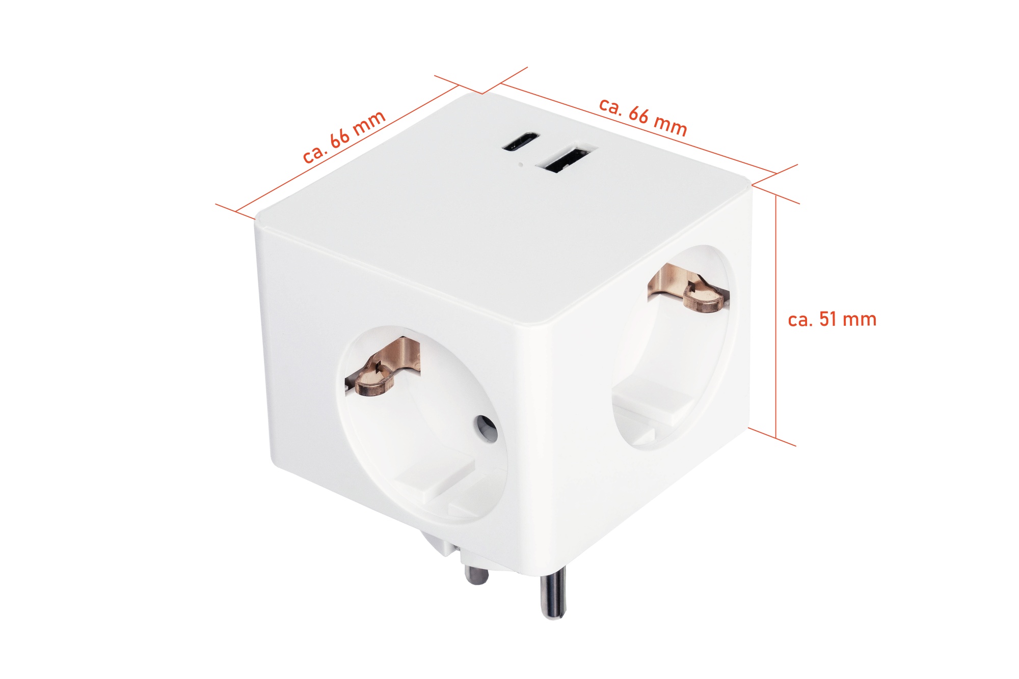 Steckdosenwürfel mit 3x Schutzkontakt-Buchse, USB-C™ (20W, PD 3.0) und USB-A Buchse (18W), weiß