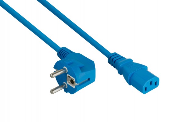 kabelmeister® Netzkabel Schutzkontakt-Stecker Typ E+F (90° gew.) an Kaltgeräte-Buchse C13, blau, 1,50mm², 10m