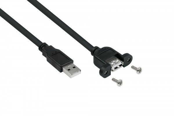 kabelmeister® Einbau-Verlängerungskabel USB 2.0 Stecker A an Einbaubuchse A, Premium, DATA AWG28 / Power AWG24, KUPFER, schwarz, 0,5m
