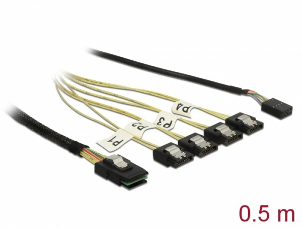 Kabel Mini SAS SFF-8087 > 4 x SATA 7 Pin + Sideband 0,5 m Metall, Delock® [85674]
