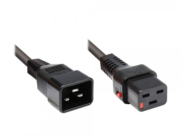 Kaltgeräteverlängerung C20 an C19 mit IEC Lock, schwarz, 1m, Good Connections®