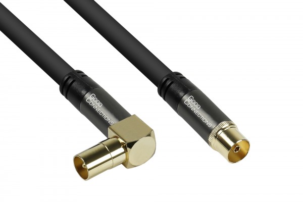 Antennenkabel SmartFLEX, IEC/Koax Stecker abgewinkelt an Buchse, vergoldet, vierfach geschirmt, Schirmmaß 120dB, schwarz, 10m, Good Connections®