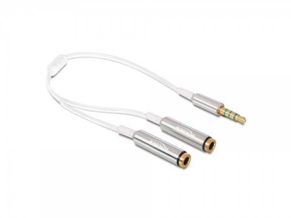 Audiokabel Klinkenstecker 3,5 mm 4 Pin an 2 x Klinkenbuchse 3,5 mm 4 Pin, weiß, 0,25m, Delock® [65576]