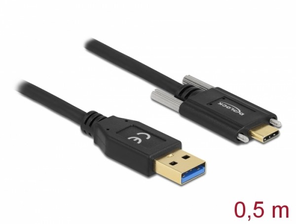 SuperSpeed USB 10 Gbps (USB 3.2 Gen 2) Kabel Typ-A Stecker zu USB Type-C™ Stecker mit Schrauben seitlich, schwarz, 0,5 m, Delock® [84007]