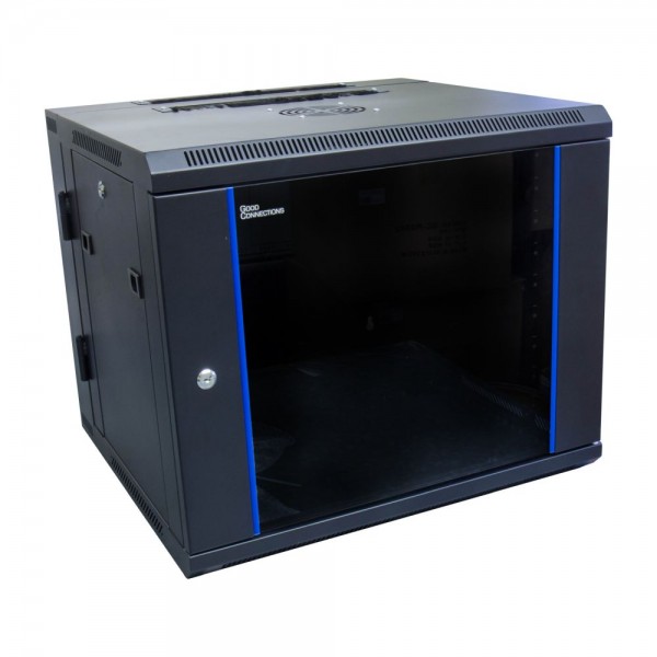19" Wandgehäuse, 9HE, tiefschwarz (RAL9005) Rückseite schwenkbar, 600x550 mm, fertig montiert, mit Lüfter, Good Connections®