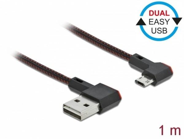 EASY-USB 2.0 Kabel Typ-A Stecker zu EASY-USB Typ Micro-B Stecker gewinkelt links / rechts 1 m schwarz, Delock® [85271]