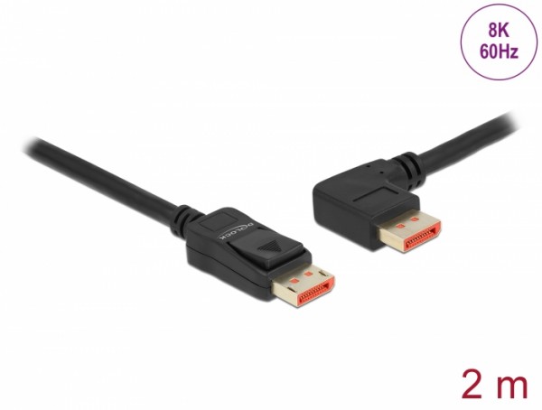 DisplayPort Kabel Stecker gerade zu Stecker 90° links gewinkelt 8K 60 Hz, schwarz, 2 m, Delock® [87046]