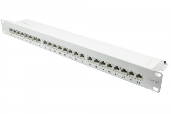 Patchpanel 19" Cat. 6A, 24-Port, 1 HE, STP geschirmt, werkzeugloses Öffnen, Reinweiß (RAL9010), Good Connections®