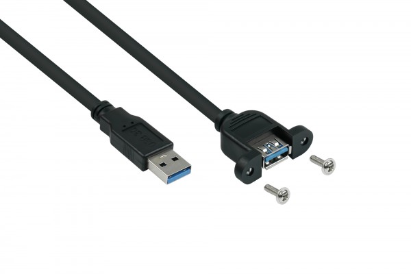 kabelmeister® Einbau-Verlängerungskabel USB 3.0 Stecker A an Einbaubuchse A, Premium, DATA AWG28 / Power AWG24, UL, KUPFER, schwarz, 0,5m