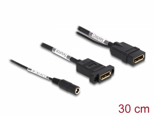 Delock DisplayPort Kabel 4K 60 Hz mit DC Einspeisung 2,1 x 5,5 mm 0,30 m zum Einbau, Delock® [87039]