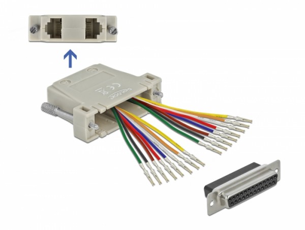 D-Sub 25 Pin Crimp Buchse zu 2 x RJ45 Buchse mit Montagesatz beige, Delock® [66834]