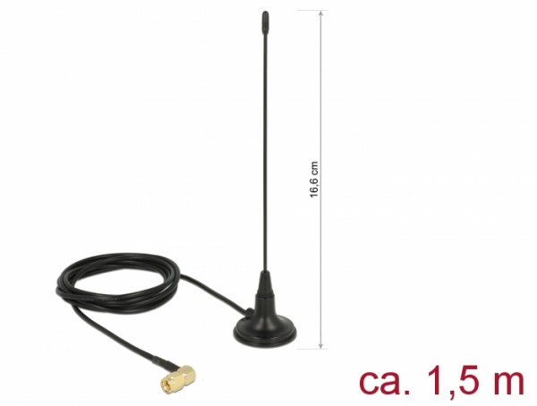 480 MHz Antenne SMA Stecker 90° 2,5 dBi starr omnidirektional mit magnetischem Standfuß und Anschlusskabel RG-174 1,5 m outdoor schwarz, Delock® [8961