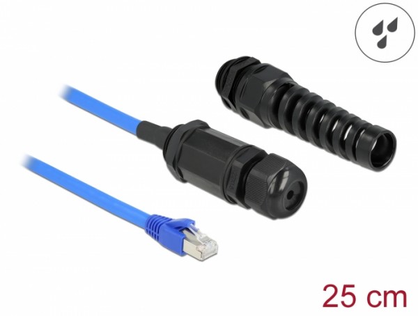 Kabel RJ45 Stecker zu RJ45 Buchse Cat.6 wasserdicht mit Kabelverschraubung und Knickschutztülle, Delock® [66809]