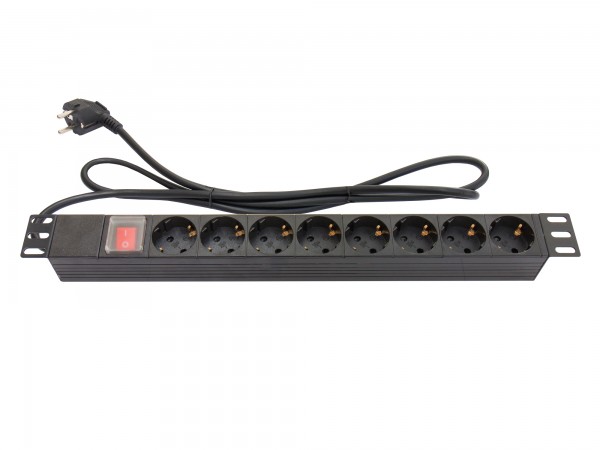 19" PDU Steckdosenleiste, 1HE, Schutzkontakt-Stecker an 8x Schutzkontakt-Buchse, Schalter, Kunststoffprofil, schwarz, Good Connections®
