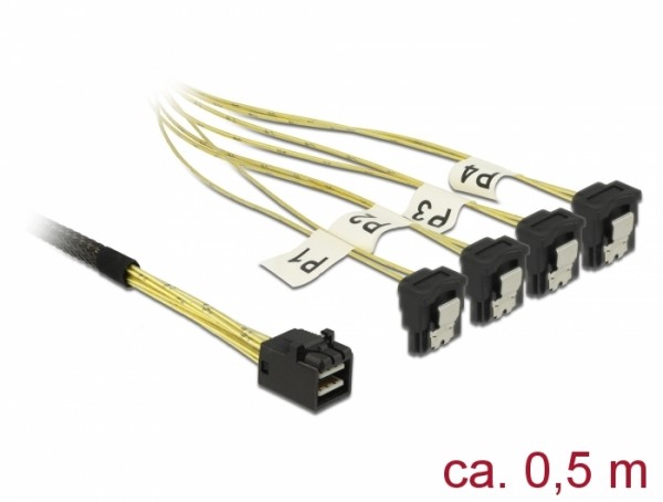 Kabel Mini SAS HD SFF-8643 > 4 x SATA 7 Pin gewinkelt 0,5 m, Delock® [85684]