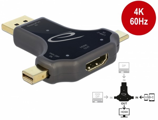 3 in 1 Monitoradapter mit USB-C™ / DisplayPort / mini DisplayPort Eingang auf HDMI Ausgang mit 4K 60 Hz, Delock® [64060]