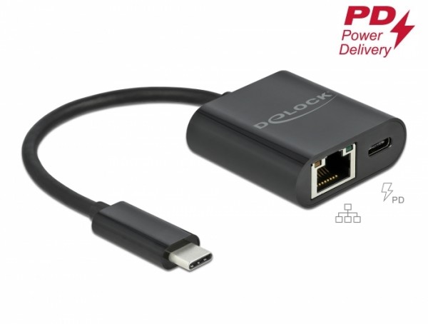 USB Type-C™ Adapter zu Gigabit LAN 10/100/1000 Mbps mit Power Delivery Anschluss schwarz, Delock® [66644]