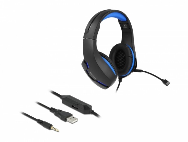 Gaming Headset Over-Ear mit 3,5 mm Klinkenstecker und blauem LED Licht für PC, Notebook und Spielekonsolen, Delock® [27182]