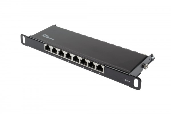 Patchpanel 10" Cat. 6, 8-Port, 0,5 HE, STP geschirmt, werkzeugloses Öffnen, Tiefschwarz (RAL9005), Good Connections®