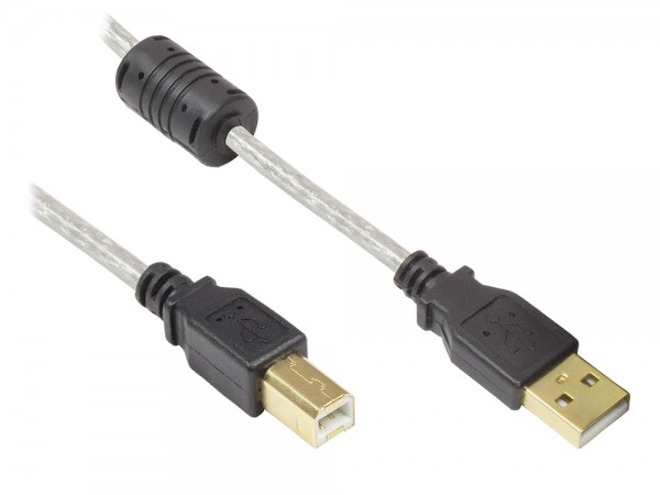 Anschlusskabel USB 2.0 Stecker A an Stecker B, High Quality mit Ferritkern und Goldkontakten, transparent, 0,5m, Good Connections®