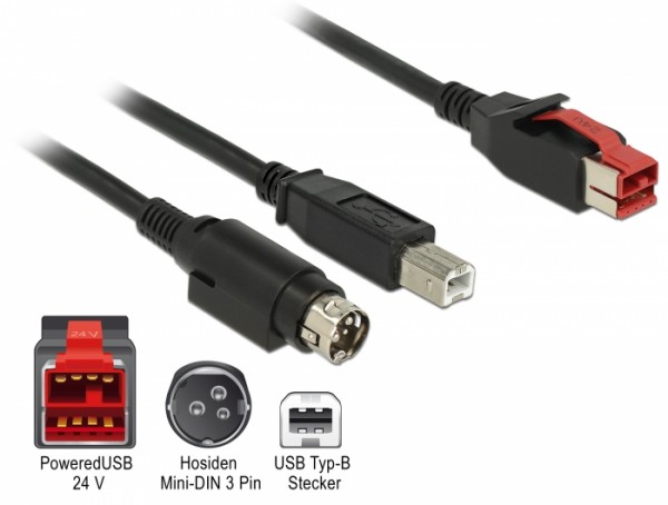 PoweredUSB Kabel Stecker 24 V > USB Typ-B Stecker + Hosiden Mini-DIN 3 Pin Stecker 4 m für POS Drucker und Terminals, Delock® [85490]