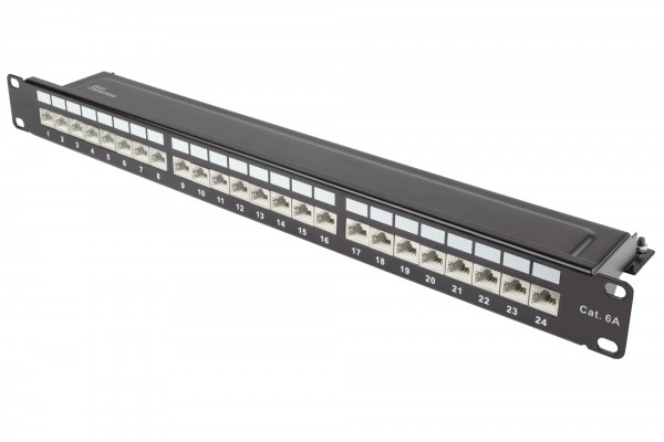 Patchpanel 19" Cat. 6A, 24-Port, 1 HE, STP geschirmt, werkzeugloses Öffnen, Tiefschwarz (RAL9005), Good Connections®