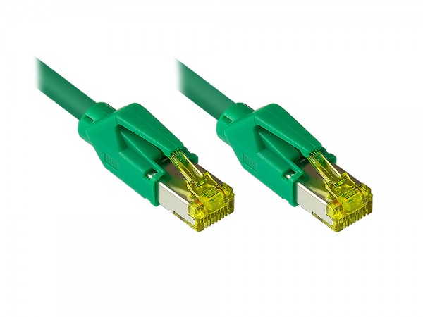 Patchkabel mit Cat. 7 Draka UC900 Rohkabel (900MHz) und Hirose TM31 Stecker (500MHz) beidseitig, S/FTP, PiMF, halogenfrei (LSZH), KUPFER, grün, 30m