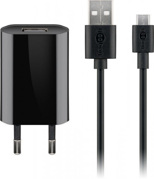 USB-Ladegerät, 1 Port, 1A, flache Bauform, inkl. Anschlusskabel USB Stecker A an Stecker Mirco B, schwarz, 1m