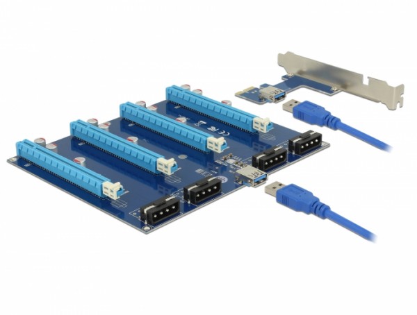 Riser Karte PCI Express x1 > 4 x PCIe x16 mit 60 cm USB Kabel , Delock® [41427]