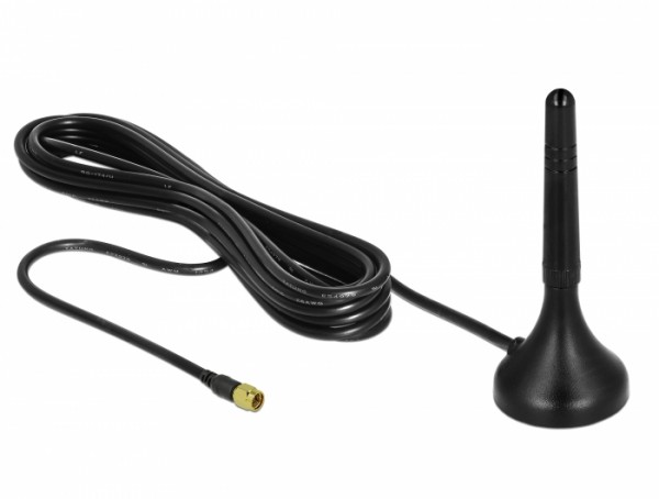 LTE Antenne SMA Stecker, 1-2dBi, starr, omnidirektional, mit magnetischem Standfuß und RG-174 A/U Kabel, 3m, outdoor, schwarz, Delock® [12583]